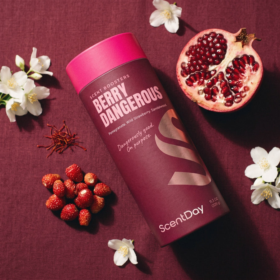 Berry Dangerous tube with pomegranate, wild strawberries and jasmine on wine linen