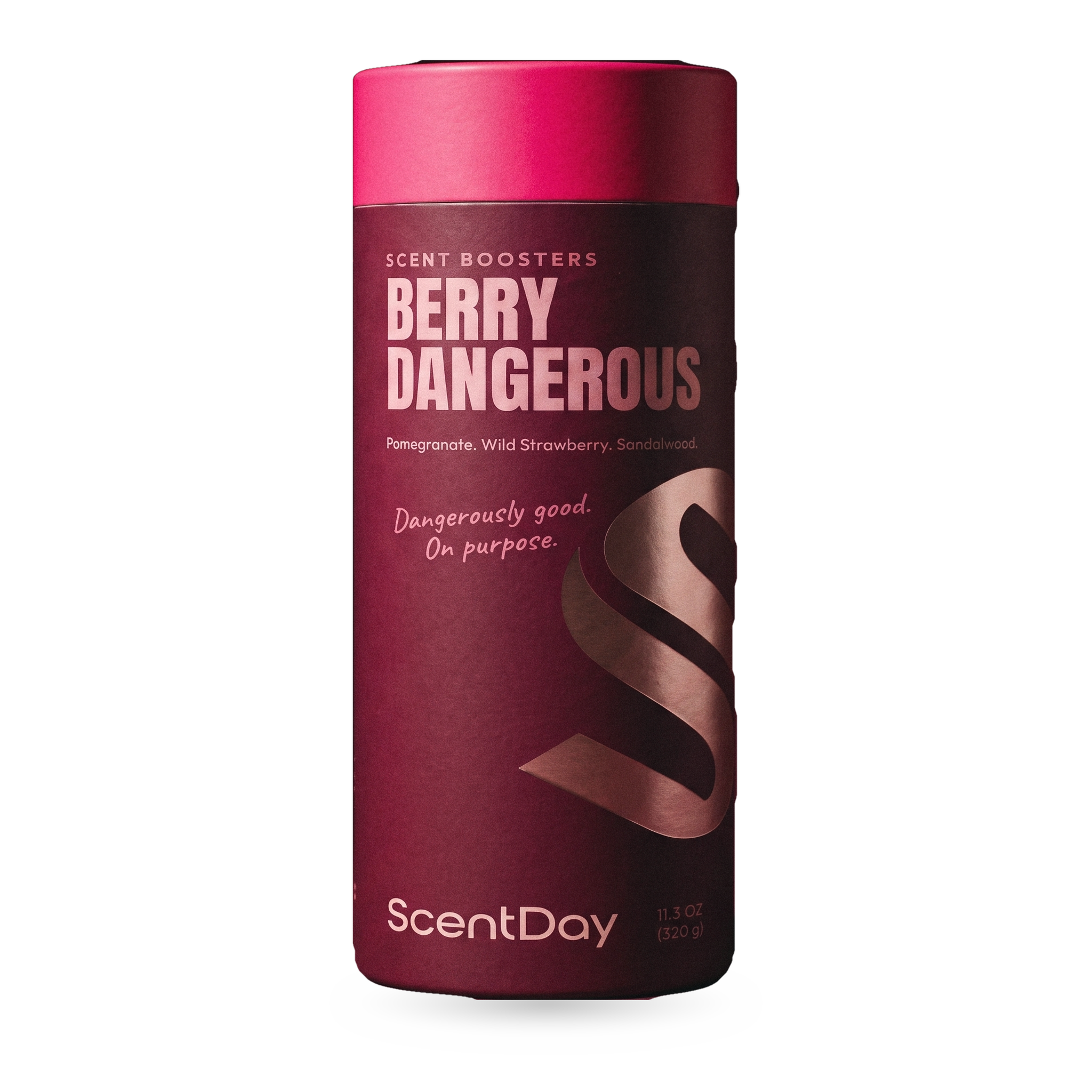 ScentDay Berry Dangerous scent booster tube, PANTONE 220 C body with 806 C lid and rose gold foil S