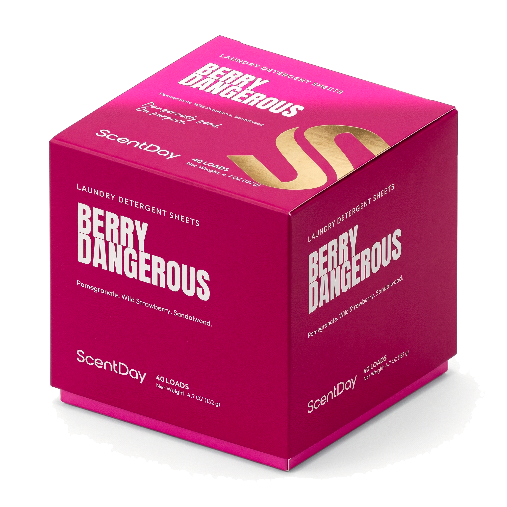 ScentDay Berry Dangerous laundry detergent sheets cube, PANTONE 220 C with 806 C lid and rose gold foil S