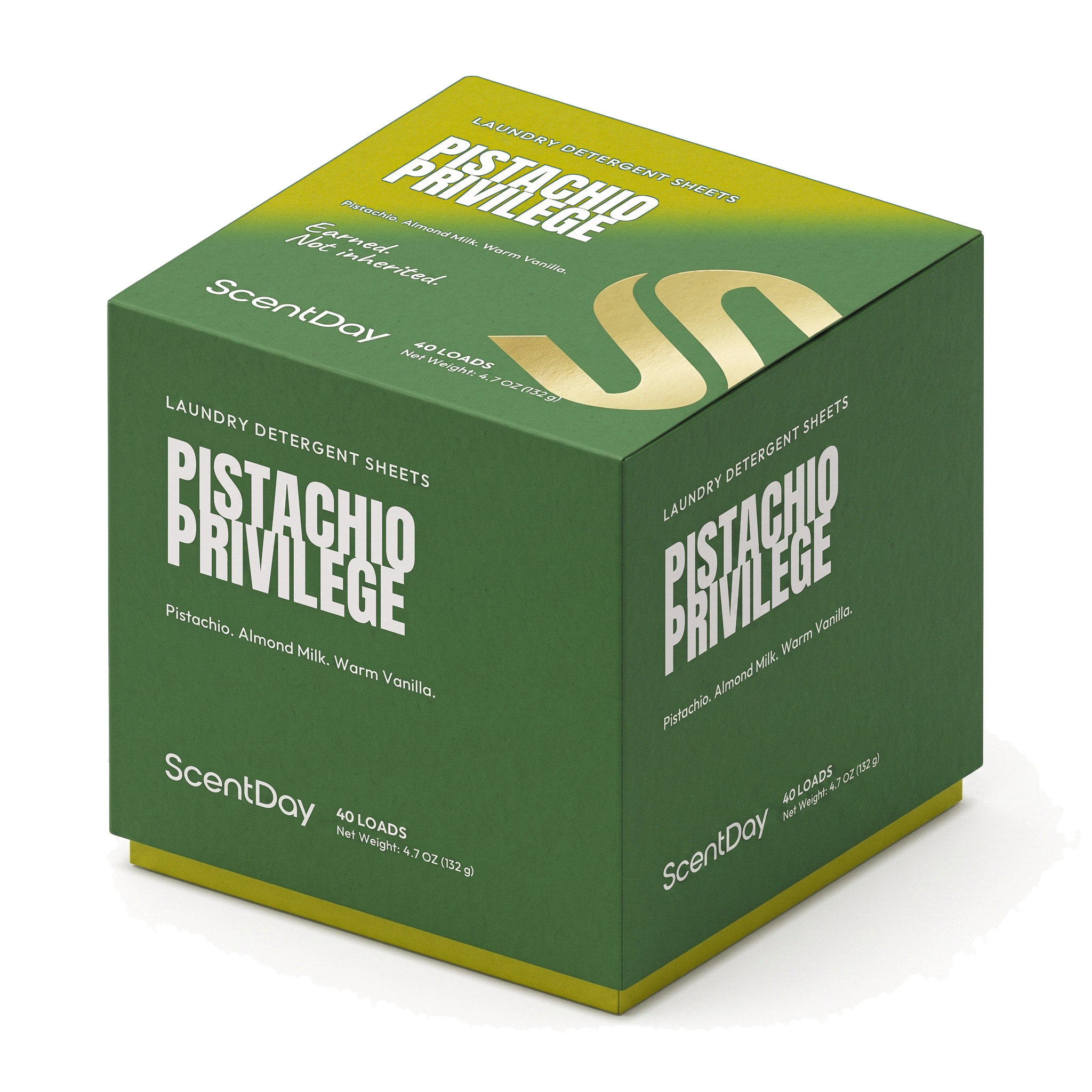 ScentDay Pistachio Privilege laundry detergent sheets cube, PANTONE 7743 C with 397 C lid and green gold foil S