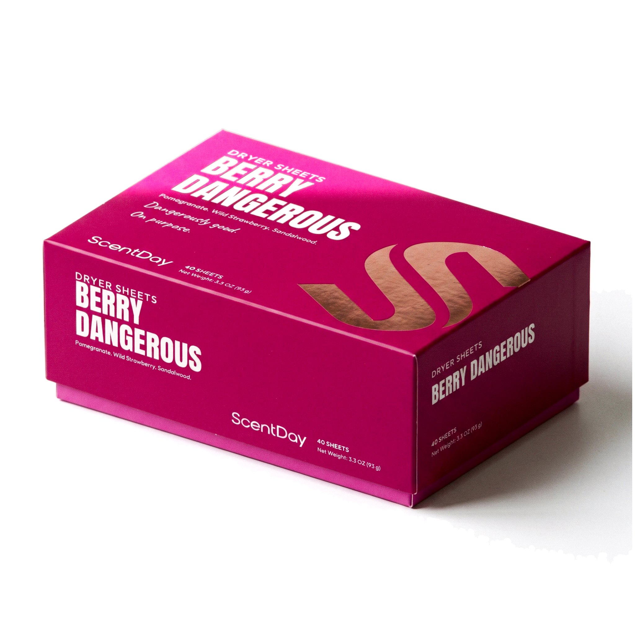 ScentDay Berry Dangerous dryer sheets box, PANTONE 220 C with 806 C lid and rose gold foil S
