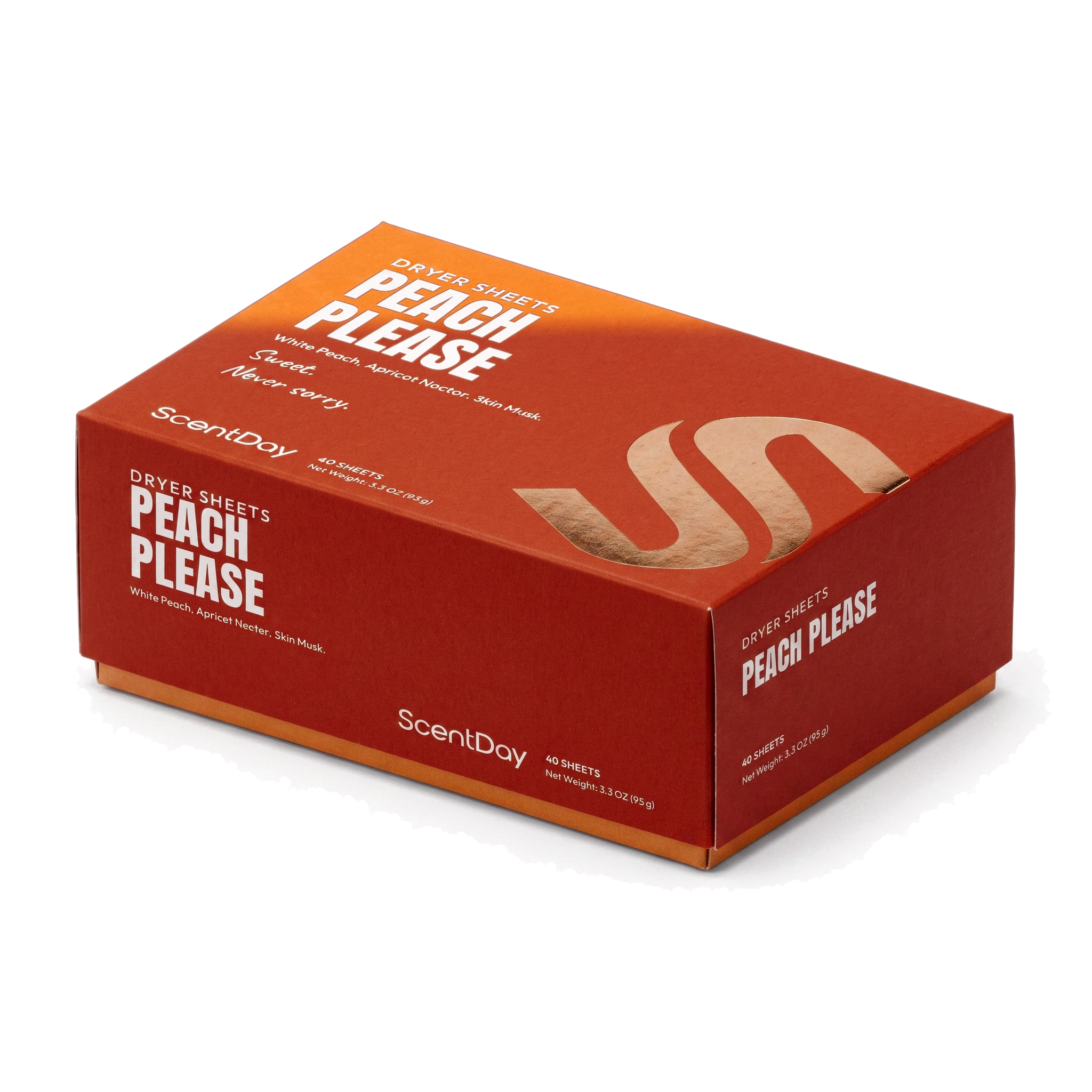 ScentDay Peach Please dryer sheets box, PANTONE 7599 C with 715 C lid and copper foil S
