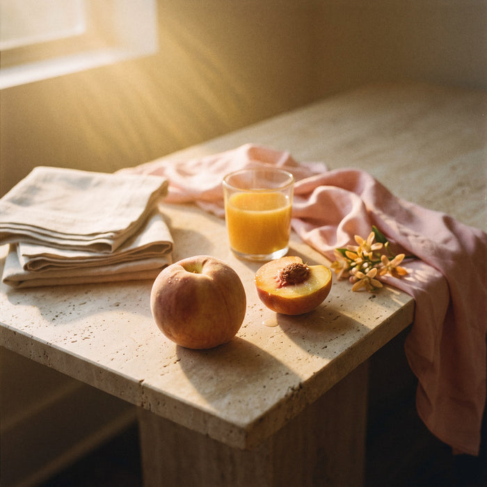 Peach Please — white peach, apricot nectar and blush silk beside folded linens in late golden light