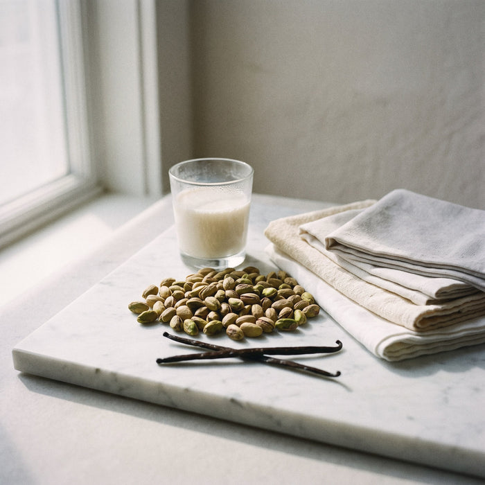 Pistachio Privilege — pistachios, almond milk and vanilla beside folded linens on white marble