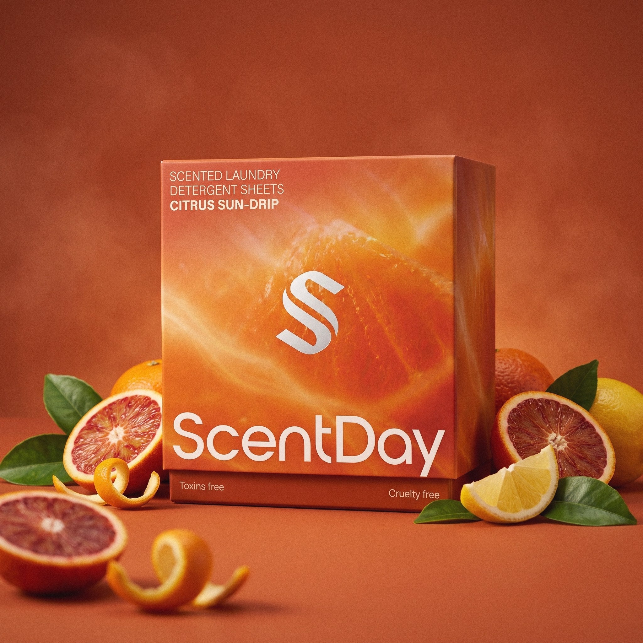 ScentDay Citrus Sun-Drip laundry detergent sheets with fresh oranges and citrus