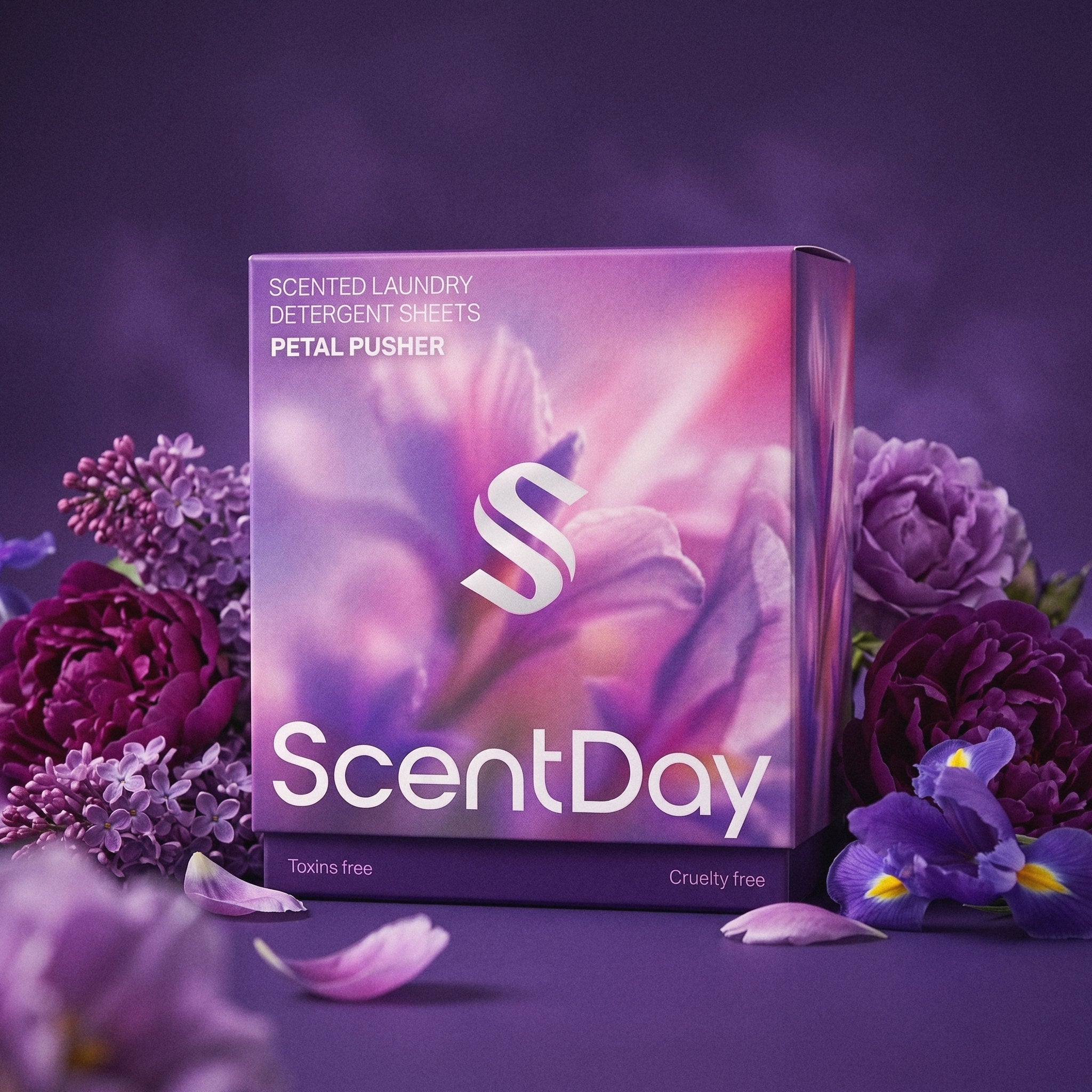 ScentDay Petal Pusher laundry detergent sheets with fresh purple flowers