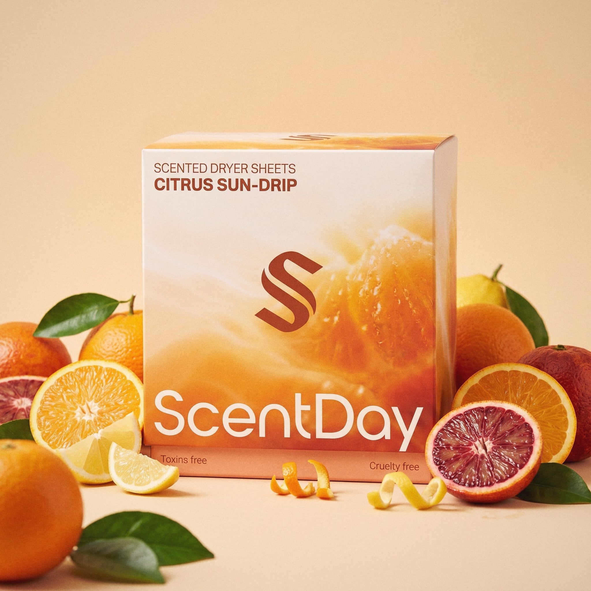 ScentDay Citrus Sun-Drip dryer sheets with fresh oranges and citrus