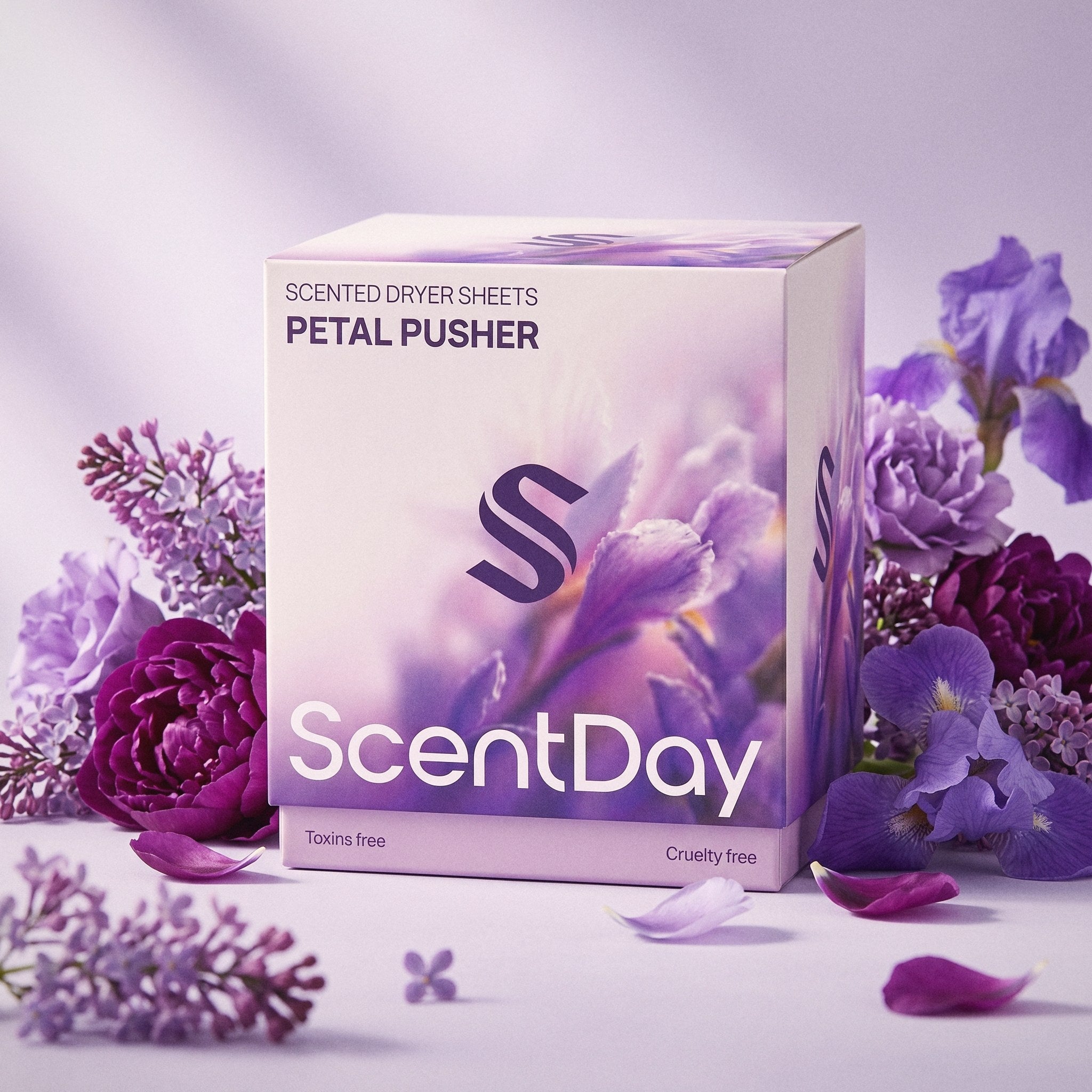 ScentDay Petal Pusher dryer sheets with fresh purple flowers