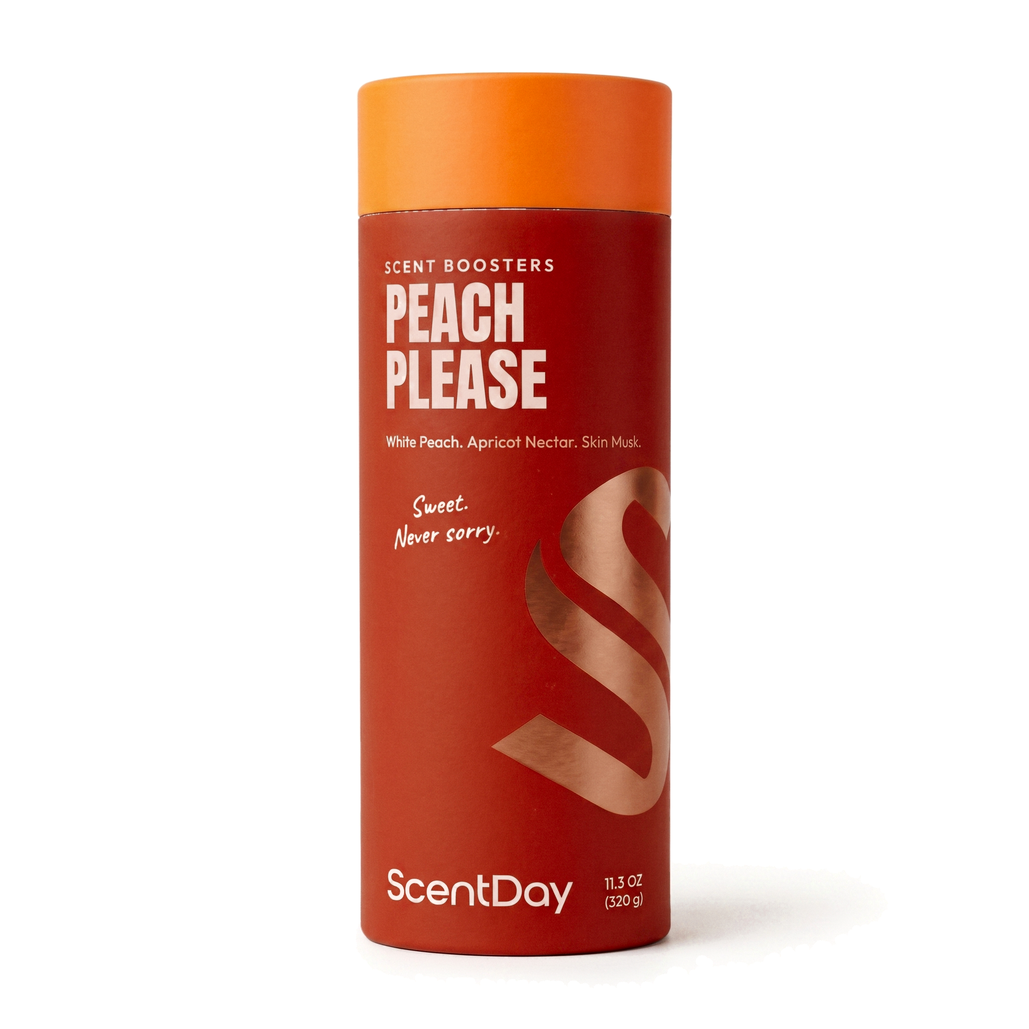 ScentDay Peach Please scent booster tube, PANTONE 7599 C body with 715 C lid and copper foil S