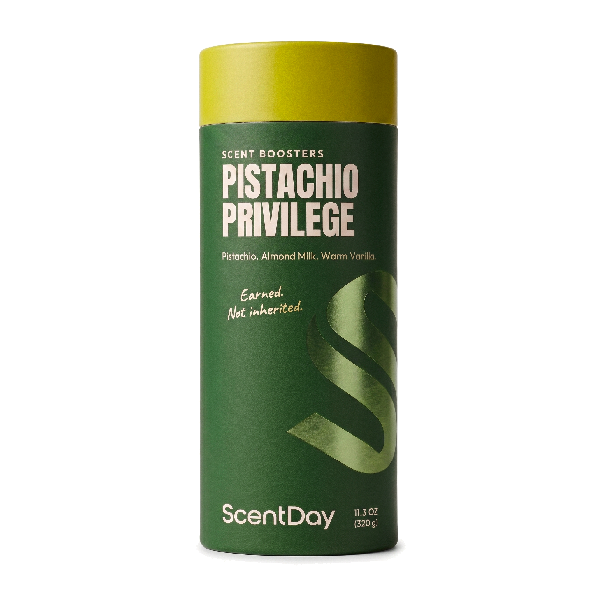 ScentDay Pistachio Privilege scent booster tube, PANTONE 7743 C body with 397 C lid and green gold foil S