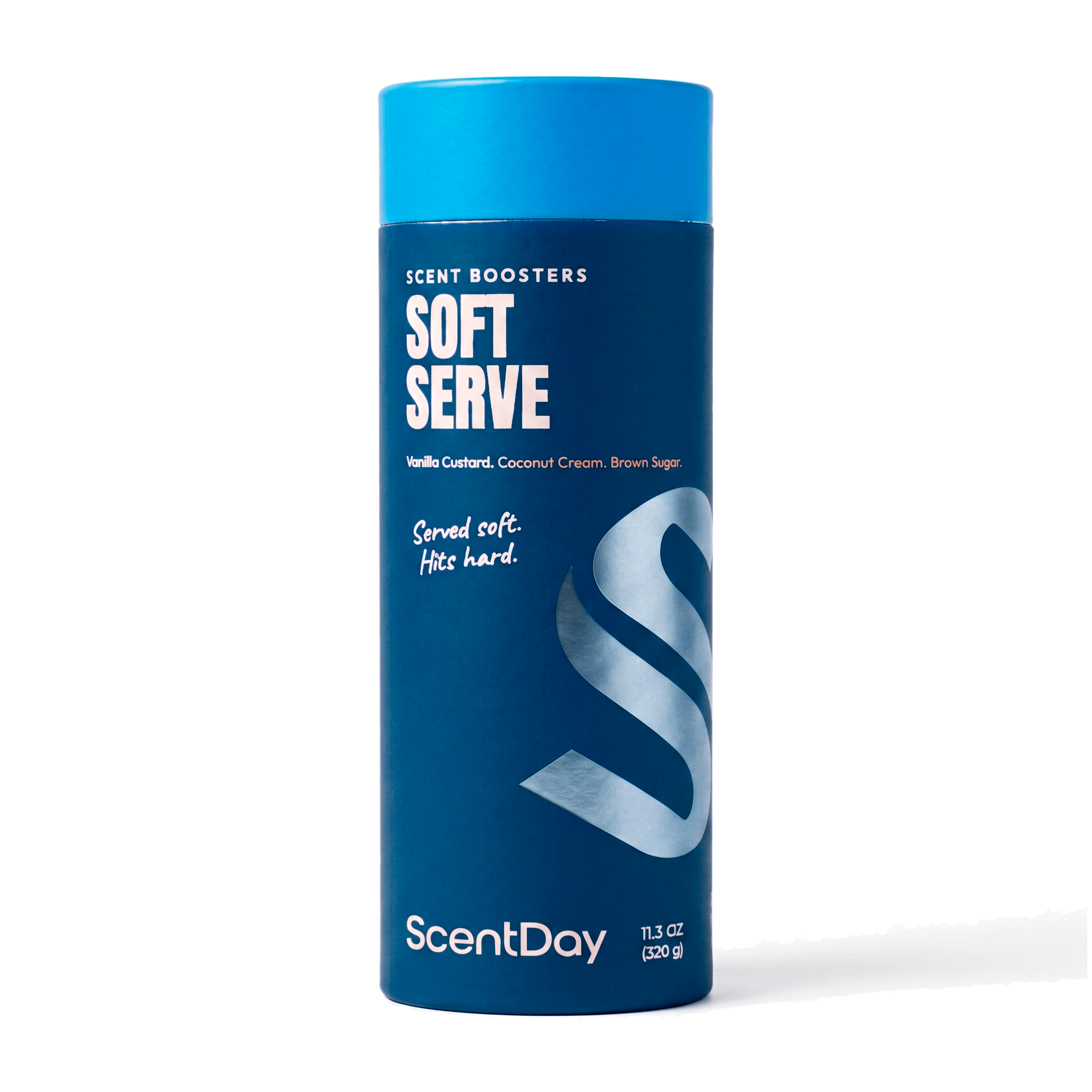 ScentDay Soft Serve scent booster tube, PANTONE 7693 C body with 299 C lid and silver blue foil S