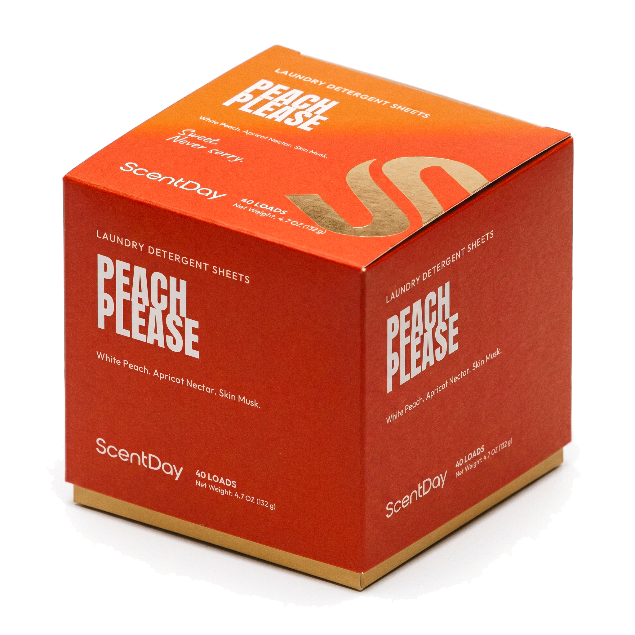 ScentDay Peach Please laundry detergent sheets cube, PANTONE 7599 C with 715 C lid and copper foil S