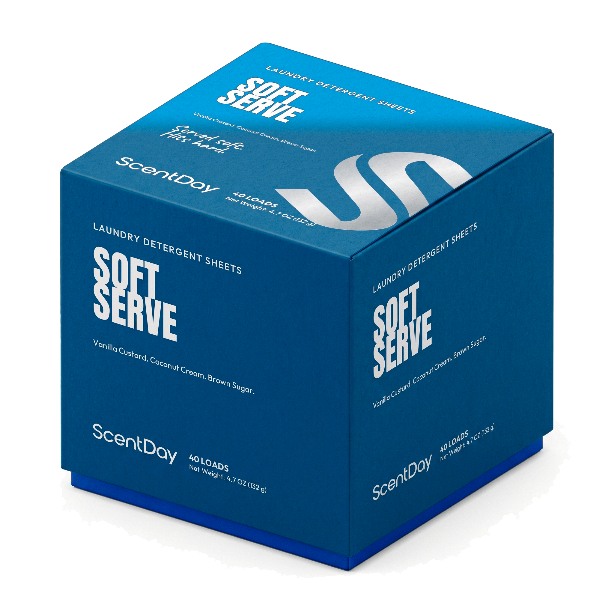 ScentDay Soft Serve laundry detergent sheets cube, PANTONE 7693 C with 299 C lid and silver blue foil S