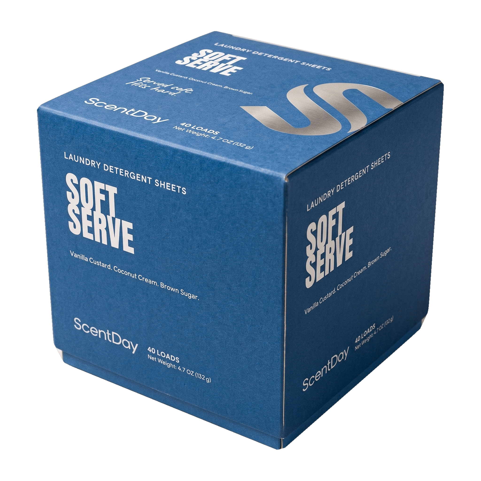 ScentDay Soft Serve laundry detergent sheets cube, PANTONE 7693 C with 299 C lid and silver blue foil S