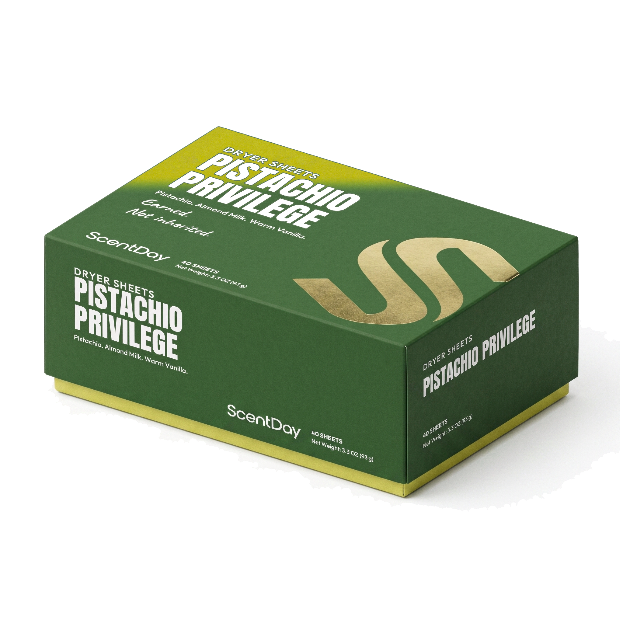 ScentDay Pistachio Privilege dryer sheets box, PANTONE 7743 C with 397 C lid and green gold foil S