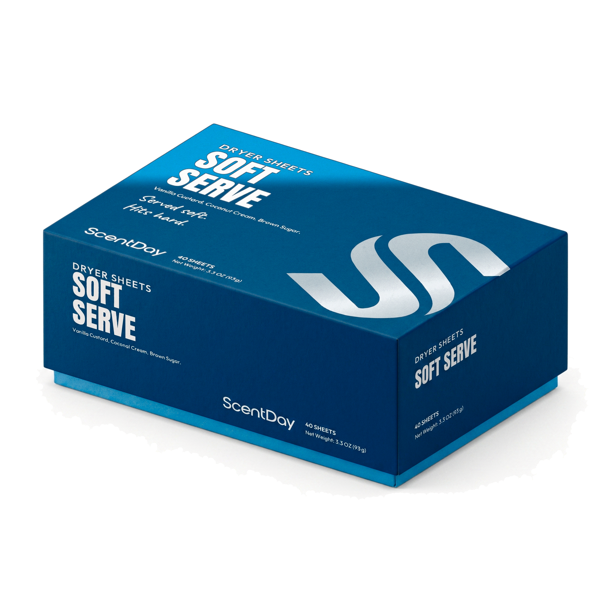 ScentDay Soft Serve dryer sheets box, PANTONE 7693 C with 299 C lid and silver blue foil S