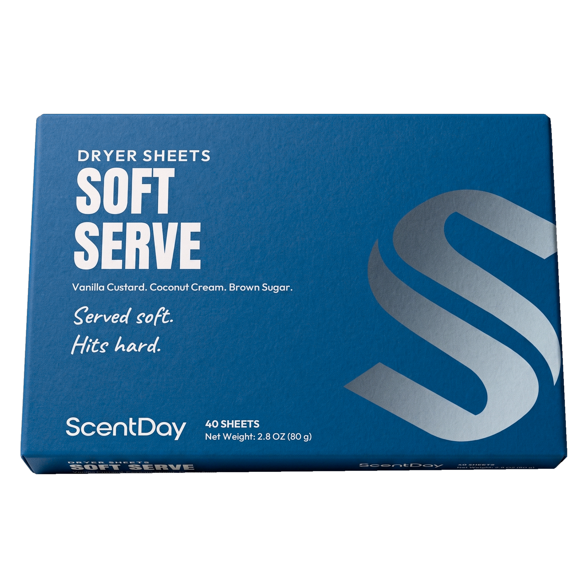 ScentDay Soft Serve dryer sheets box, PANTONE 7693 C with 299 C lid and silver blue foil S