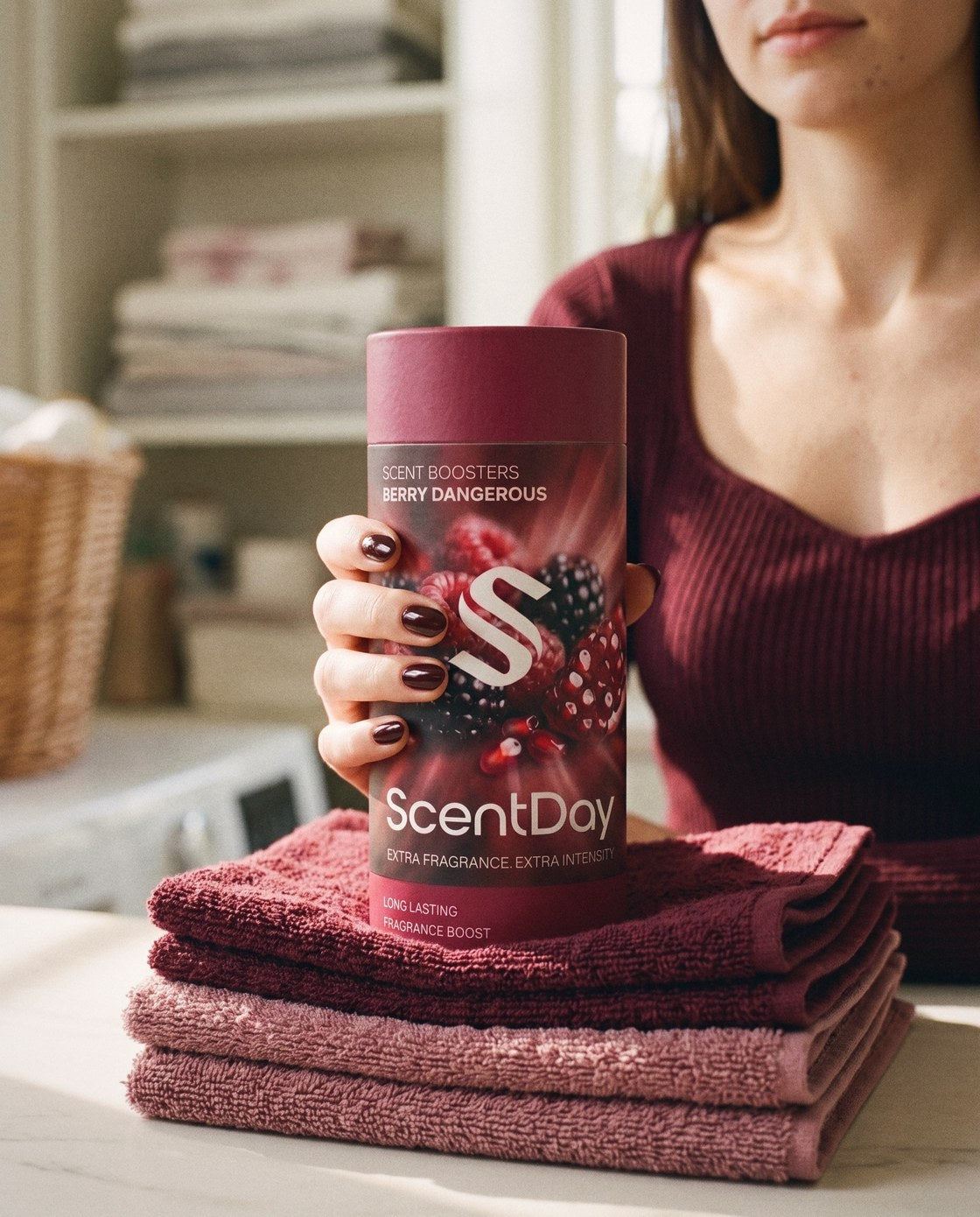holding berry dangerous booster by fresh folded towels