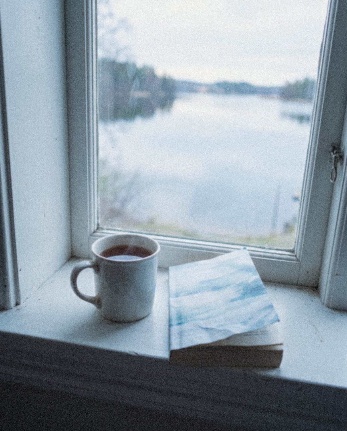 A mug of tea and an open book on a windowsill overlooking a lake