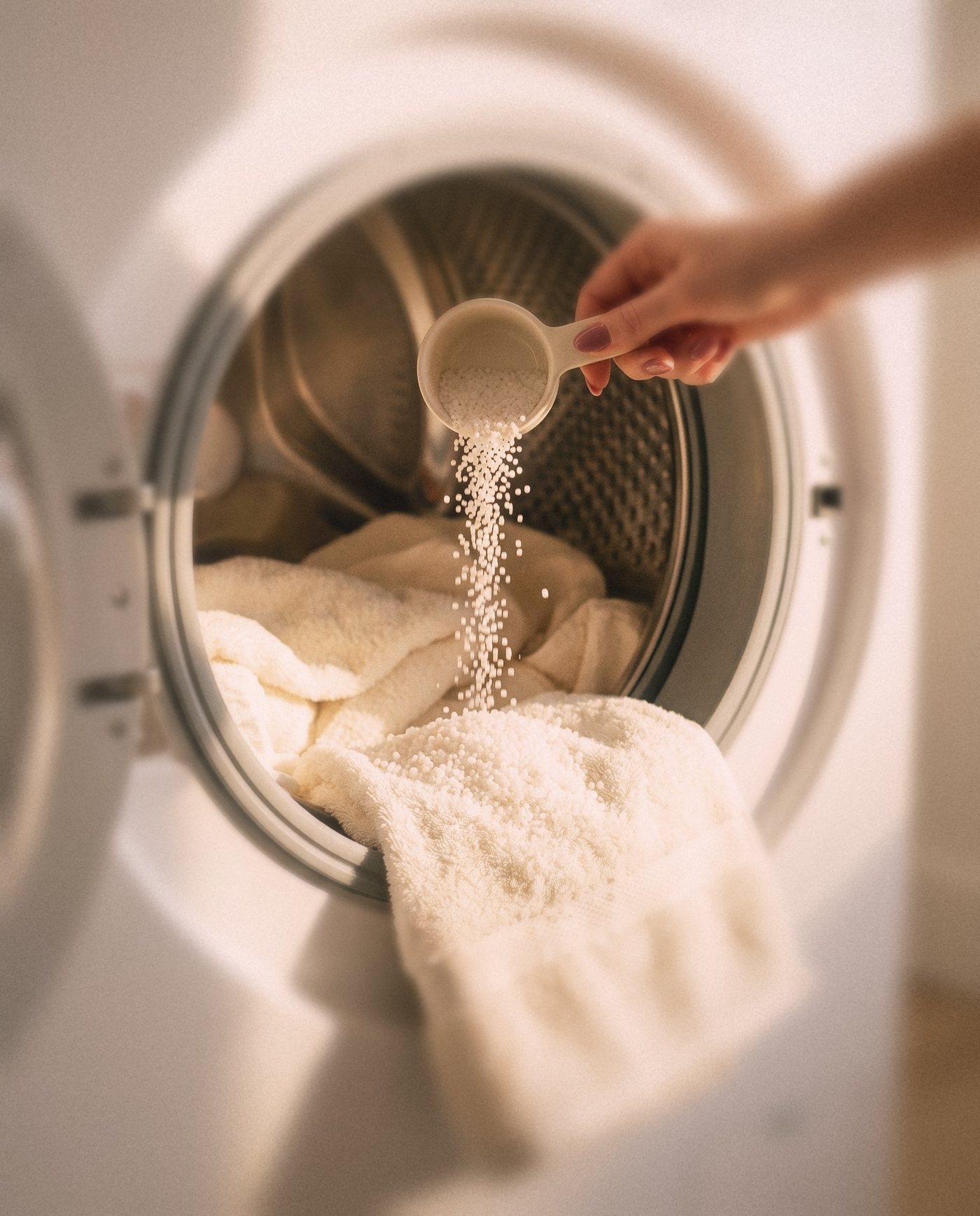 Scent booster beads poured from a scoop into a washing machine drum