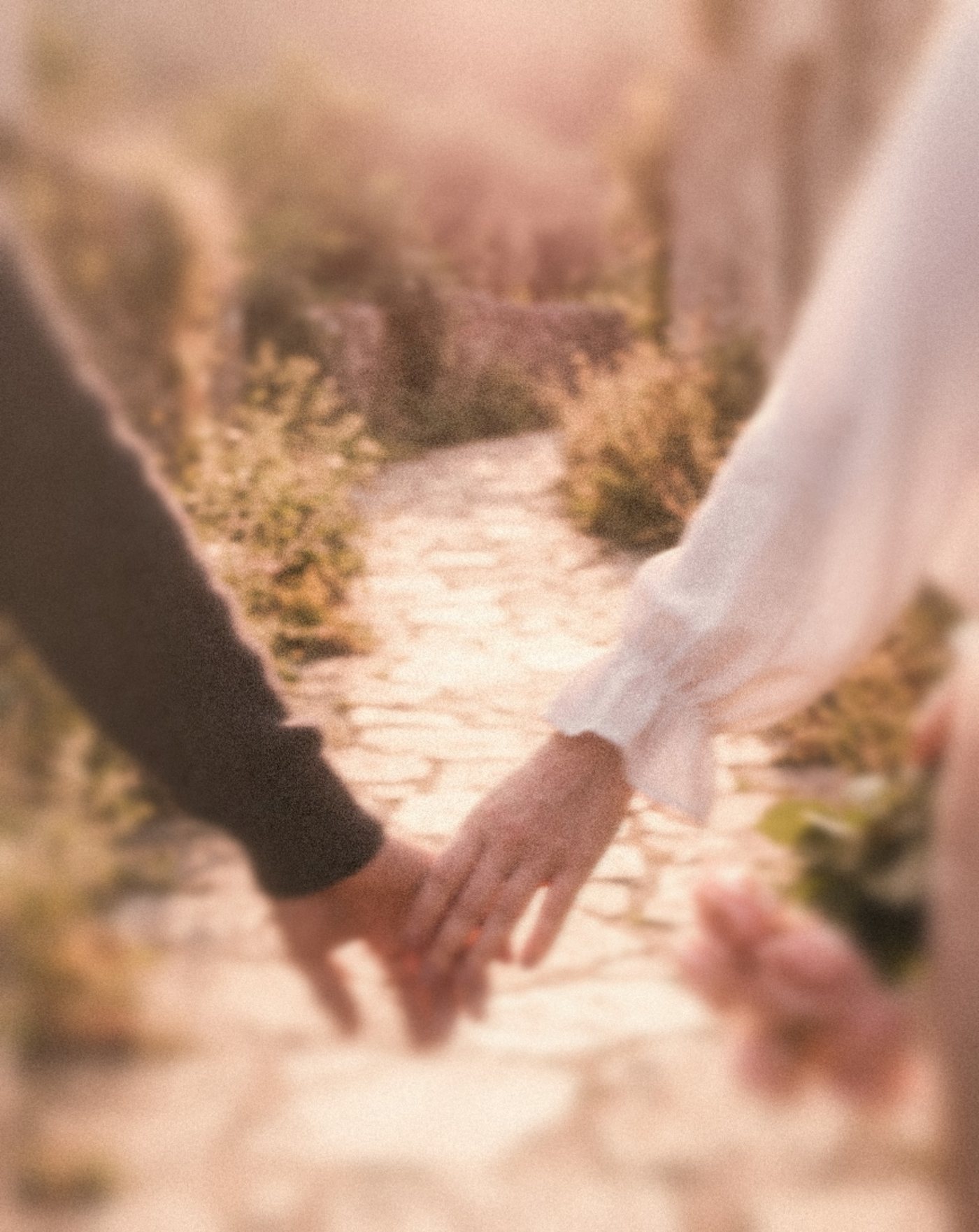 A couple holding hands on a sunlit garden path